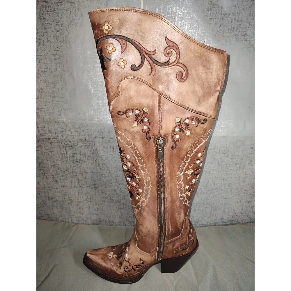 Dan Post Jilted Knee High Flower Embroidery Western Boots Sz 8.5M